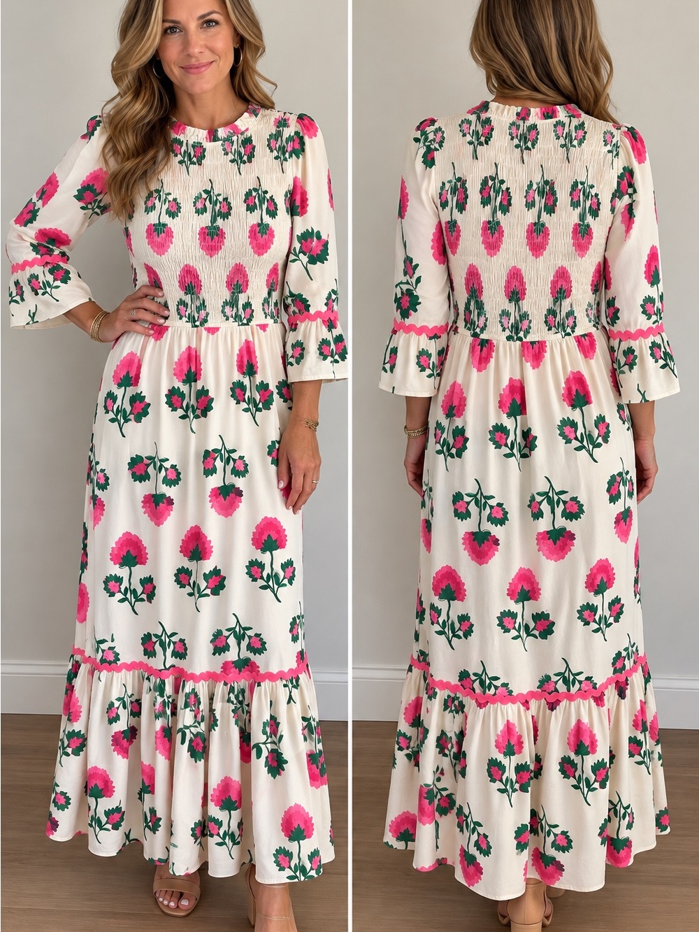 Mud Pie Cream Maxi Dress with Pink & Green Floral Print